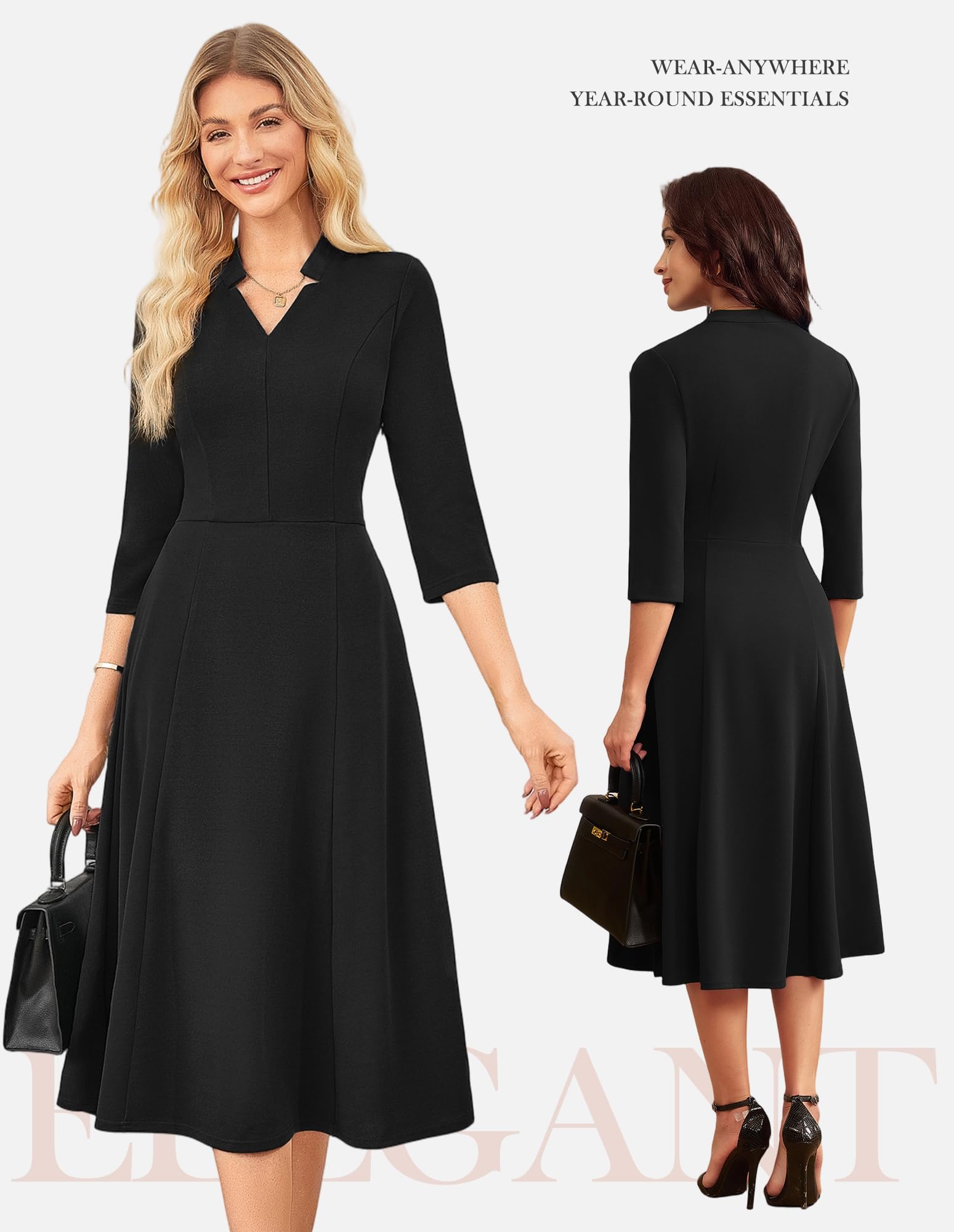 GRACE KARIN Arbeitskleider für Damen 2025, Midi-Business-Kleid, 3/4-Ärmel, klassische Passform und ausgestelltes Kleid mit Tasche