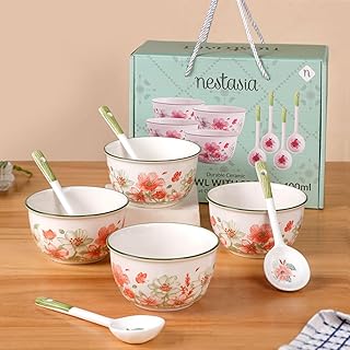 Nestasia Ceramic Soup Bowl with Spoon Set of 4 (400ml Each) - Floral Microwave & Dishwasher Safe Bowl Set for Serving Sou... Price In India