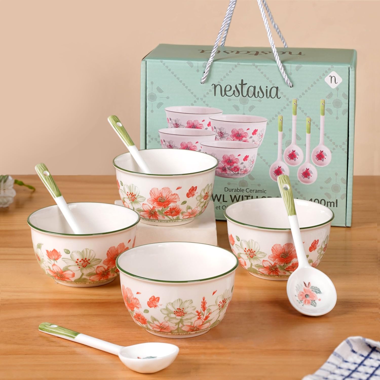 Nestasia Ceramic Soup Bowl with Spoon Set of 4 (400ml Each) - Floral Microwave & Dishwasher Safe Bowl Set for Serving Sou... - Review, Price and Buying Guide