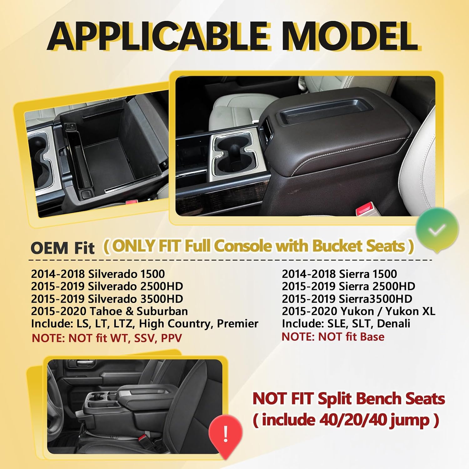 Center Console Organizer Tray Compatible with 2014-2018 Chevy Silverado/GMC Sierra 1500 and 2015-2019 2500HD/3500HD Accessories & 2015-2020 Tahoe/Suburban/Yukon/Yukon XL, Armrest Storage Box Black