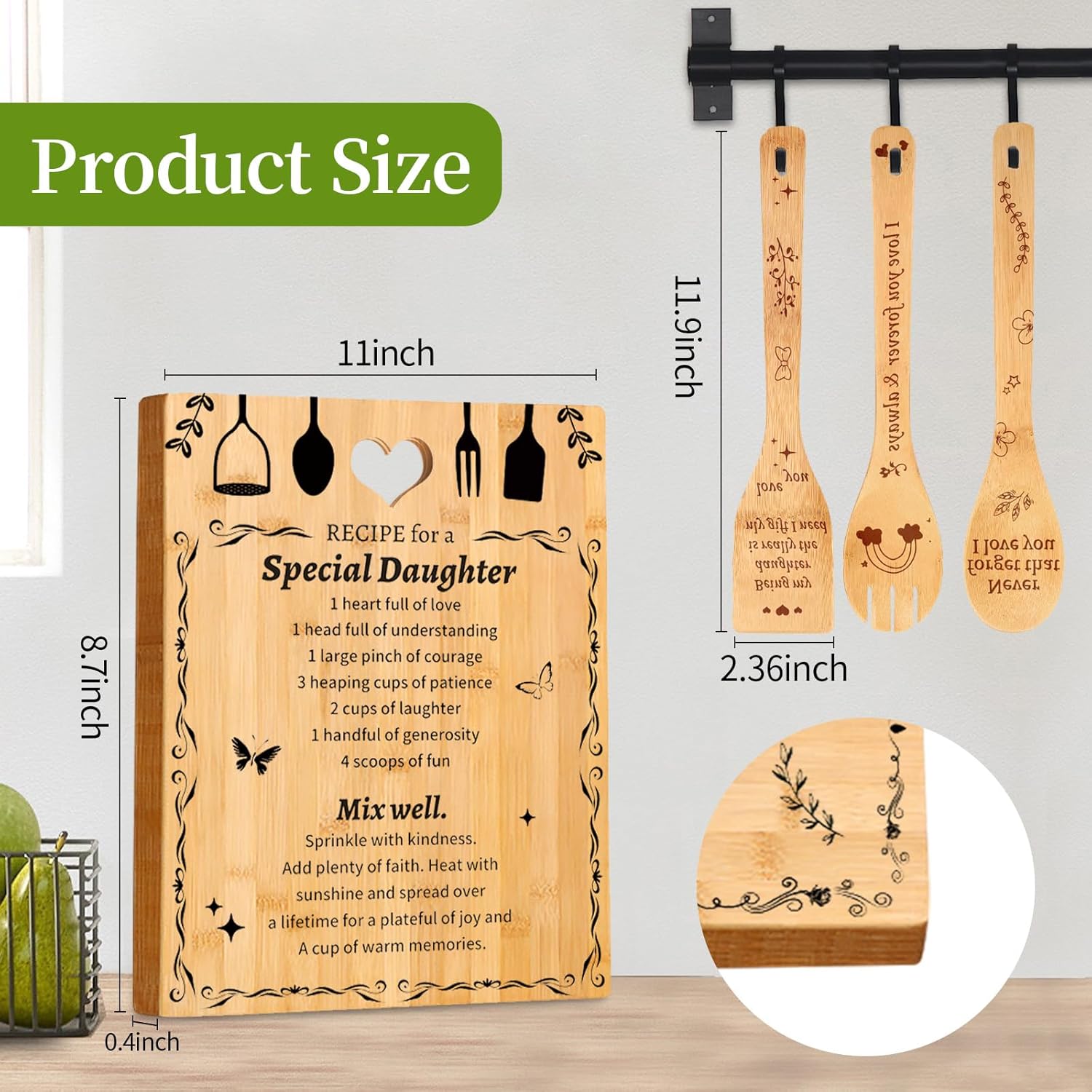 Gifts for Daughter – “Recipe for a Special Daughter” Bamboo Cutting Board Set with Engraved Unique Birthday,Christmas,or Wedding Gift for Daughter