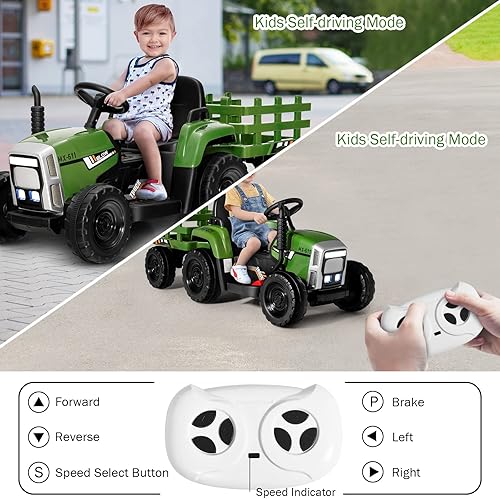 Miniatura 2 de OLAKIDS Tractor de paseo de 12 V para niños, ruedas 2 en 1 con remolque desmontable, vehículo eléctrico con control remoto parental, cambio de 3