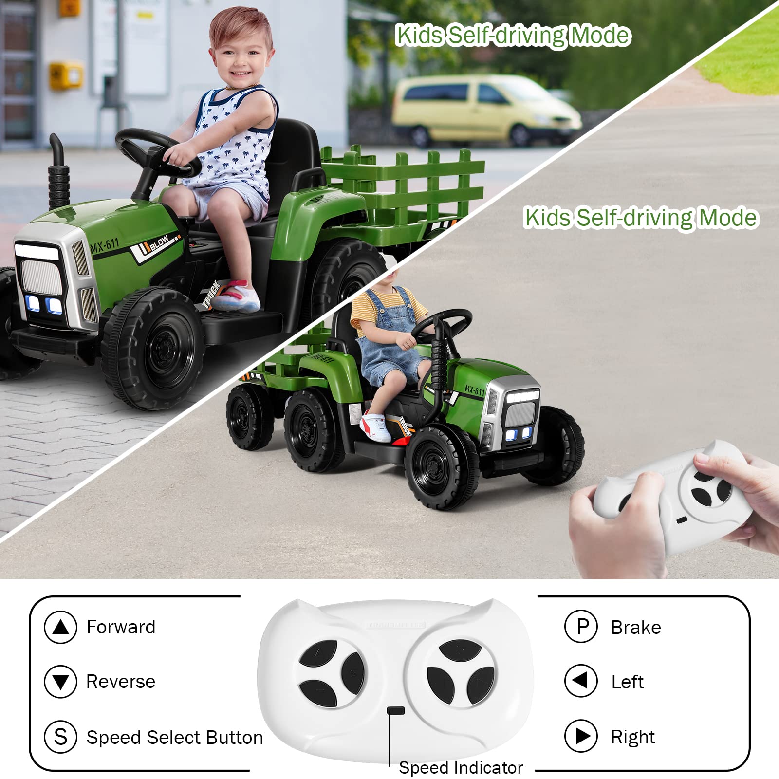 OLAKIDS 12V Kids Ride On Tractor, 2 in 1 Electric Vehicle with Remote Control, Detachable Trailer, Toddlers Battery Powered Driving Toy with 2 Speeds, Music, USB, Bluetooth, Lights (Greyish-Green)