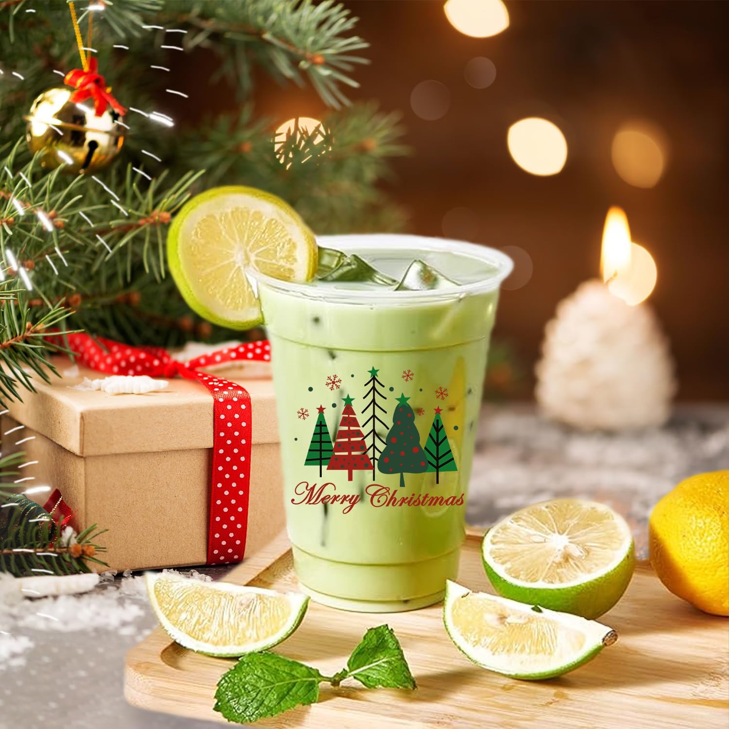 Christmas Disposable Plastic Cups with Lids Straw - 50PCS 12oz Xmas Party Clear Drink To Go Coffee Cup Bulk, Merry Christmas Glasses Drinkware for Holiday Winter Hot Cold Drinking (Xmas Tree) - Image 4