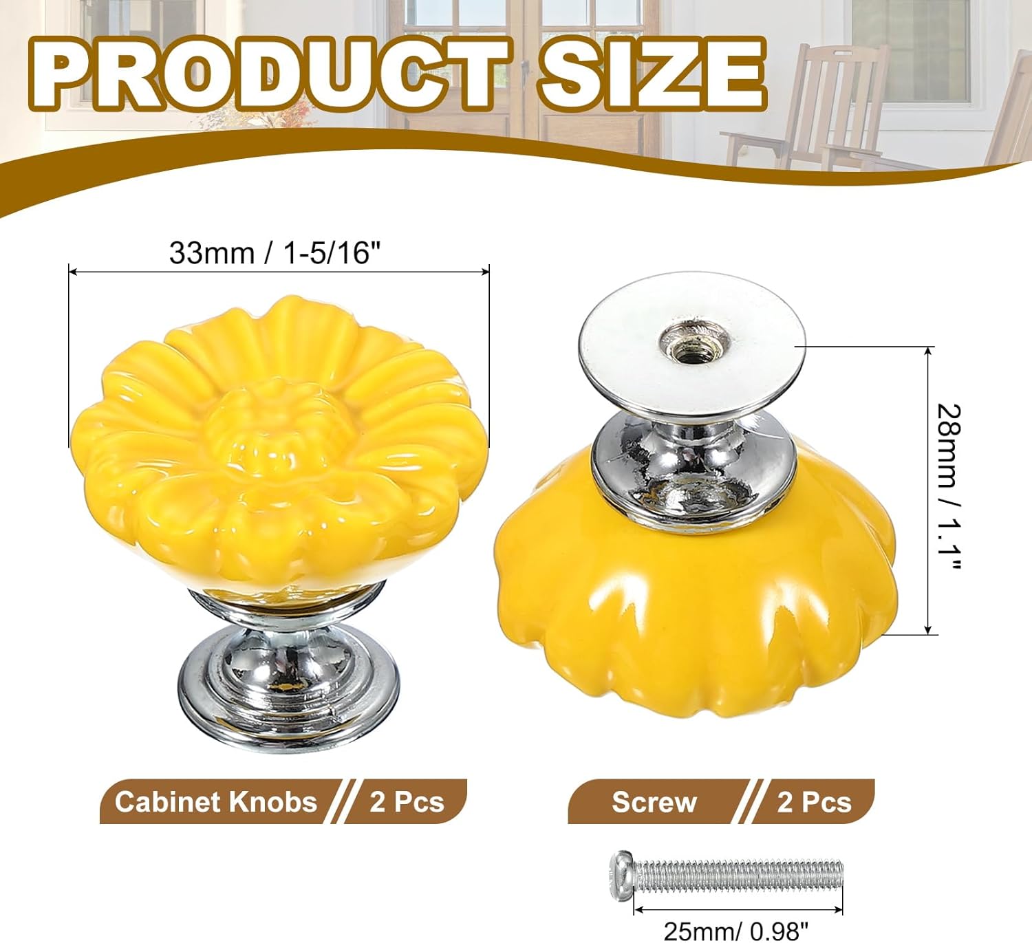 PATIKIL Vintage Floral Cabinet Knobs 1-5/16", 2 Pcs Ceramic Round Drawer Knobs Dresser Knobs Door Hardware Pull Handles with Screw for Kitchen Bathroom Cupboard Wardrobe, Yellow