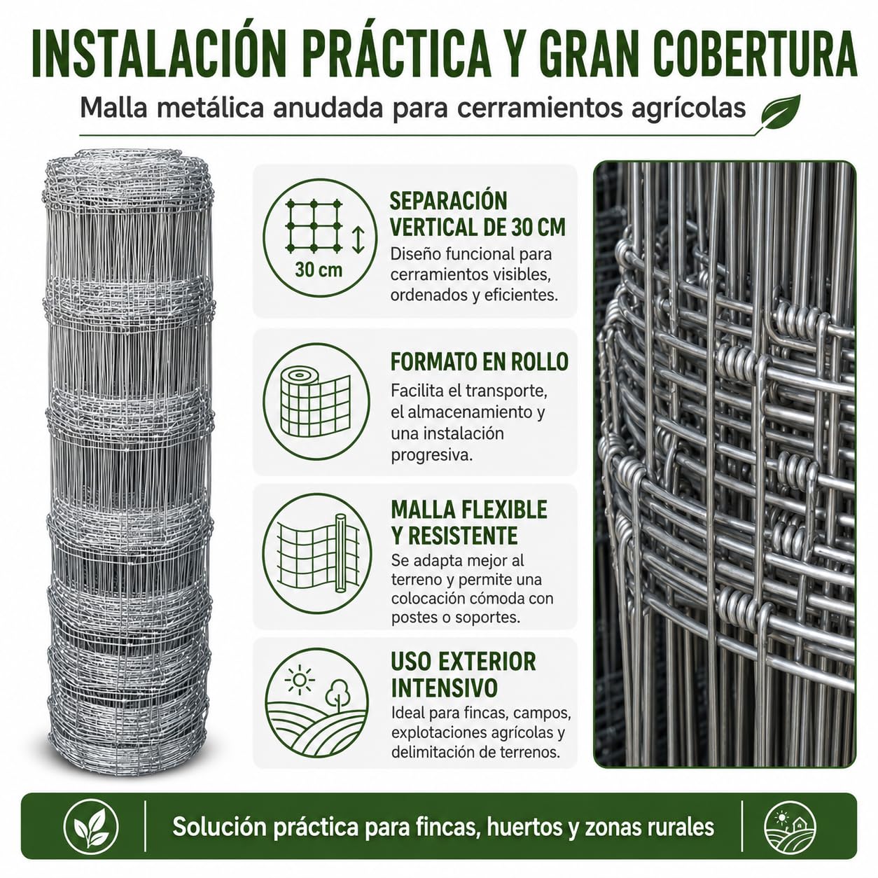 Malla Anudada Galvanizada, Cercado Agrícola y Ganadero, Alambre para Vallas de Animales - 140 cm - 11x15 cm - 50 m