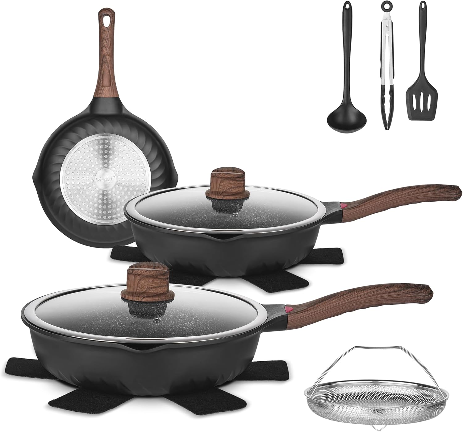 vinchef pots and pans set, 12pcs nonstick induction kitchen cookware sets with stay-cool handles, frying pans and saute pan with lid, silicone cooking utensil sets and pot protectors, pfas, pfoa free 9.5"+11"+12.5" set