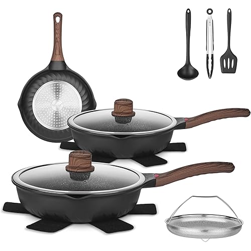 Vinchef Pots and Pans Set, 12pcs Nonstick Induction Kitchen Cookware Sets with Stay-Cool Handles, Frying Pans and Saute Pan with Lid, Silicone Cooking Utensil Sets and Pot Protectors, PFAS, PFOA Free