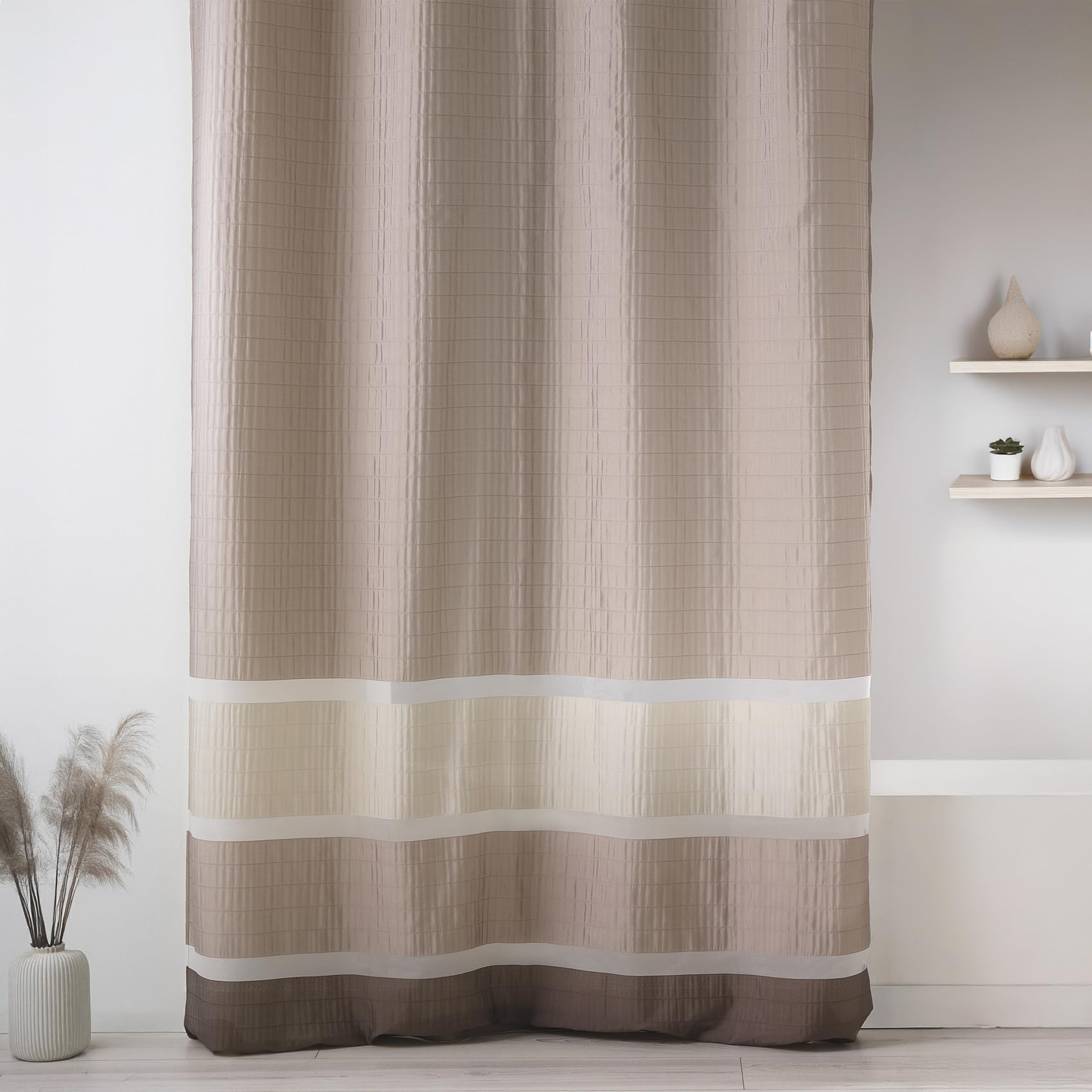 Homemaison - Fantazyjny woal tkany z poziomymi paskami - Poliester Lekka satyna - Przesiewająca przezroczysta - Gotowy do montażu z oczkami - Salon, Sypialnia, Kuchnia - 140 x 240 cm - Szarobrązowy