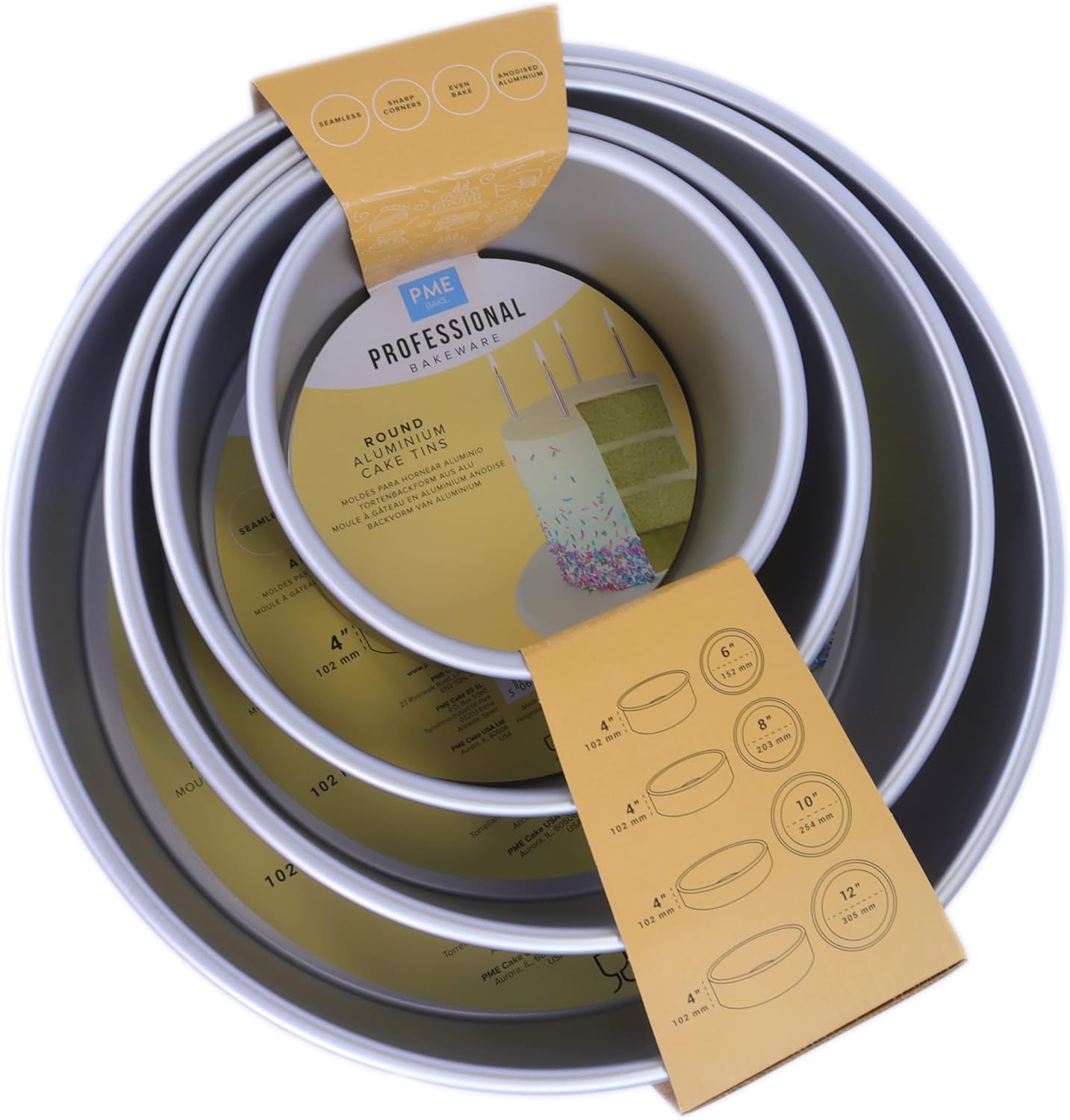 PME Round Cake Pans 6, 8, 10, 12-Inch x 4-Inch Deep, Set of 4,RNDB6810124,Silver