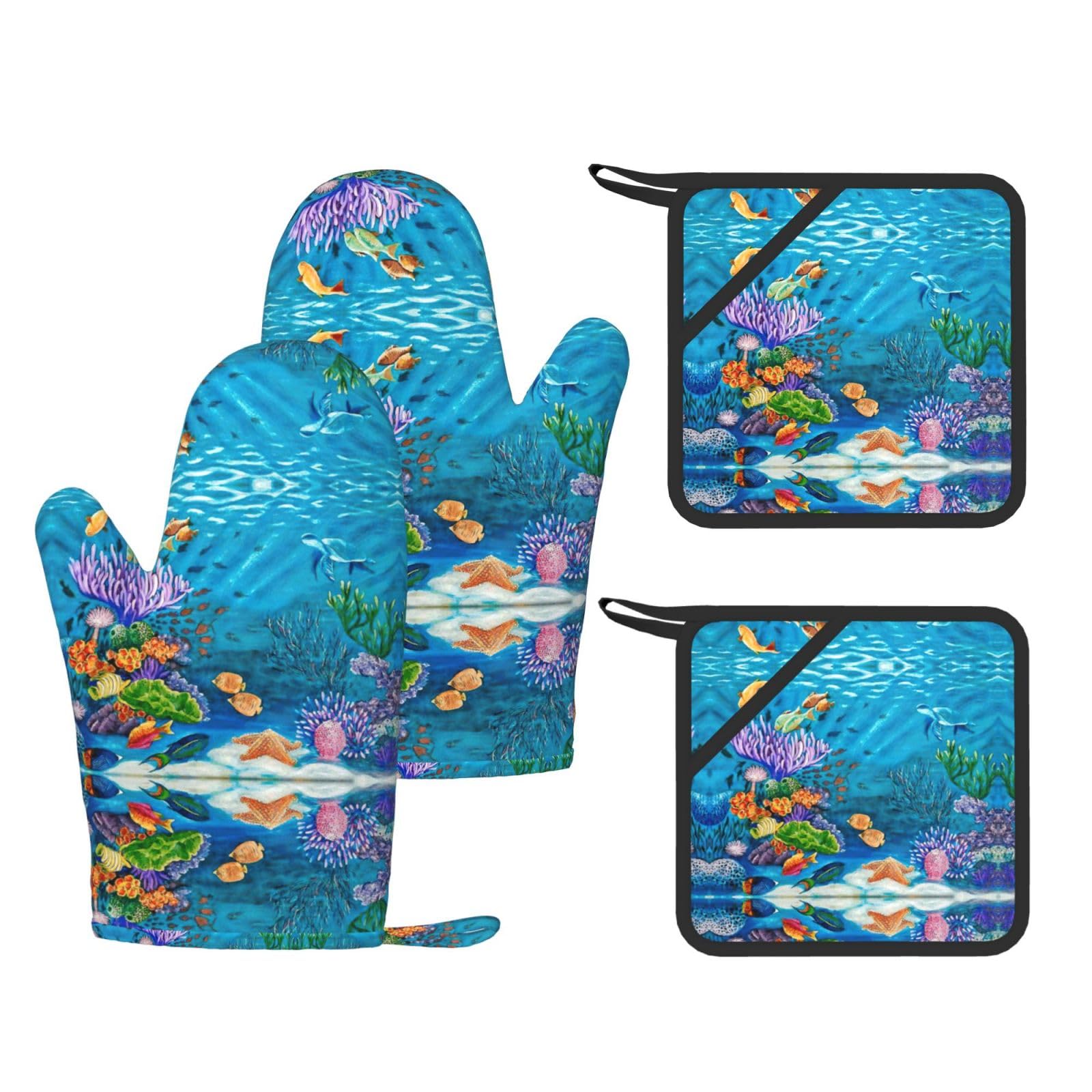 Ocean Sea Turtle Tropical Fish Starfish Fashion Printed Kitchen Kit with Heat Resistant Oven Mitts & Non-Slip Hot Pads for Baking