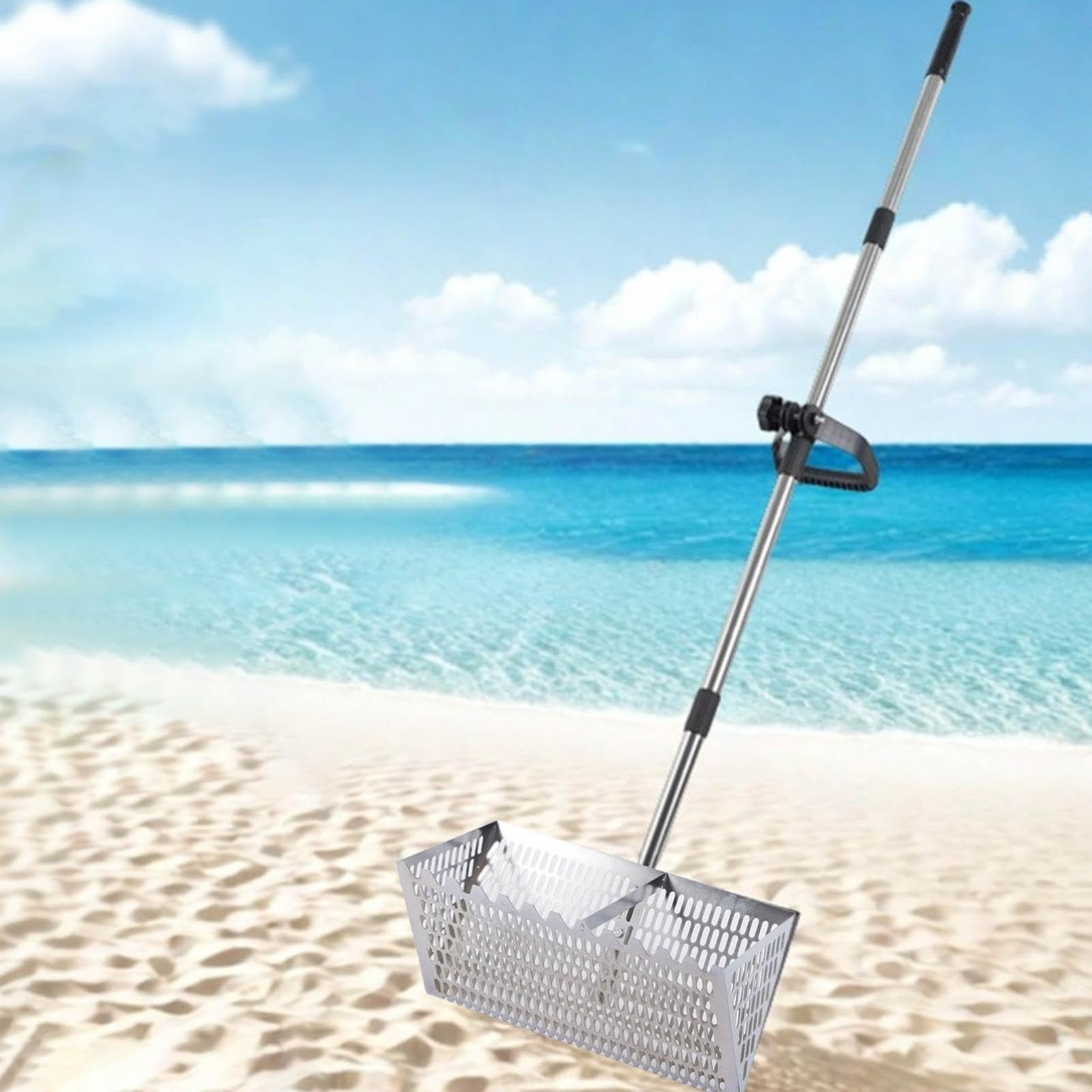 Râteau à puces en acier inoxydable avec grand panier à dents de requin de 40 cm, tamis à dents de requin de plage avec longue poignée amovible pour peigner la plage (argenté)