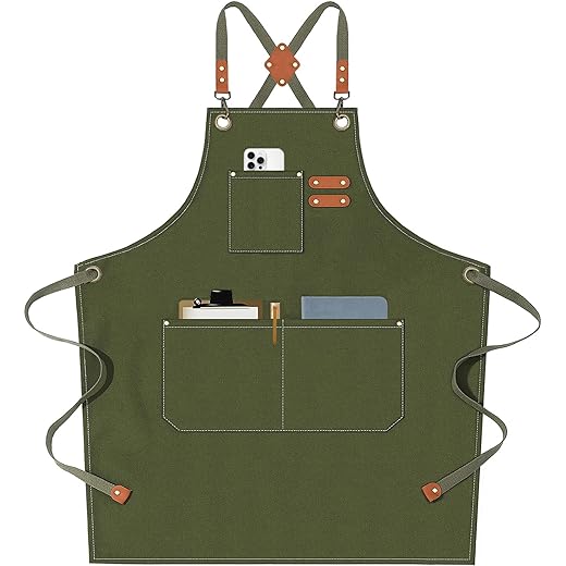 AFUN Chef Aprons for Men Women with Oversized Pockets, 16-Ounce Cotton Canvas Cross Back Heavy Duty Work Apron (Army Green)