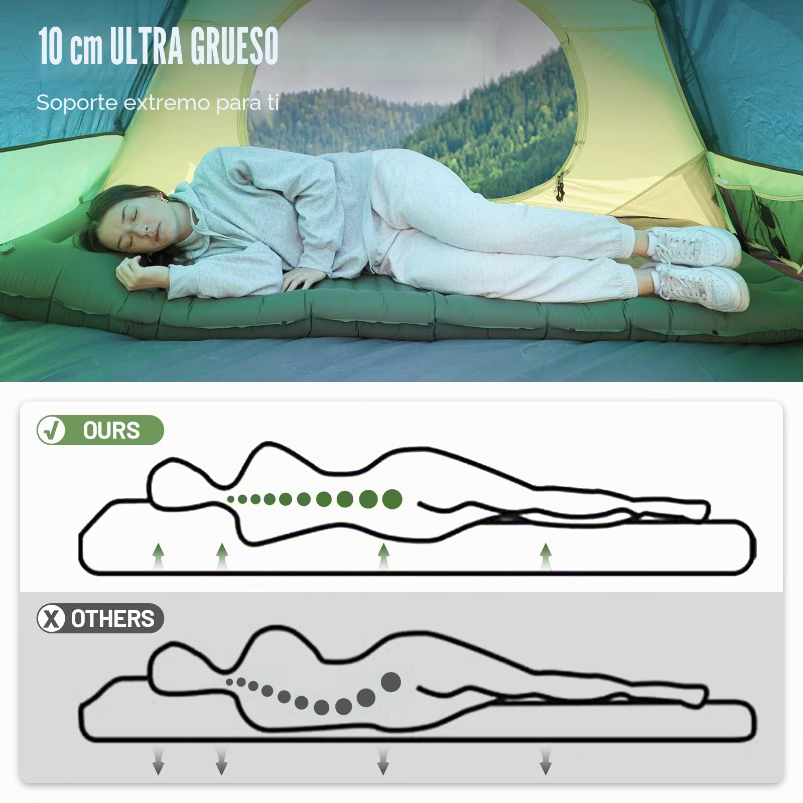 Portal Colchón de camping individual de 10 cm de grosor con bomba de pie, colchoneta inflable para acampar, colchón, tienda de campaña, cama de aire para adultos, ligera, mochila portátil para