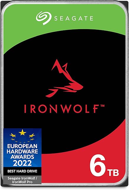 Seagate IronWolf NAS HDD, 6 TB, Wewnętrzny dysk twardy, 3,5", SATA 6 GB/s, 5400 RPM, 256 MB cache, do systemów RAID sieciowej pamięci masowej, FFP, 3-letnie usługi Rescue Services (ST6000VNZ06)