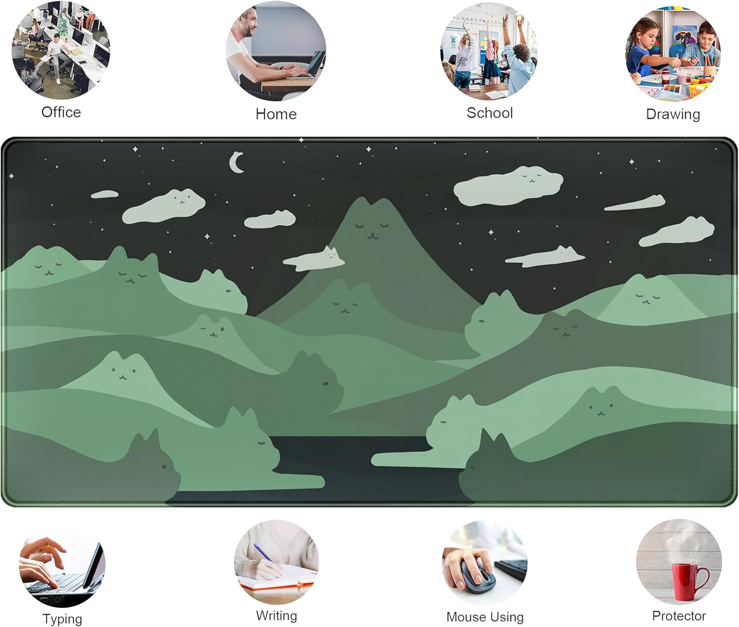 Anime Green Cats Mouse Pad Desk Pad Kawaii Cartoon Cat Desk Mat Cute, XXL Large Laptop Gaming Mousepad Keyboard Mouse Mat, Office Desk Decor matt for Women with Stitched Eges Pad, 31.5x15.75 in - Image 6