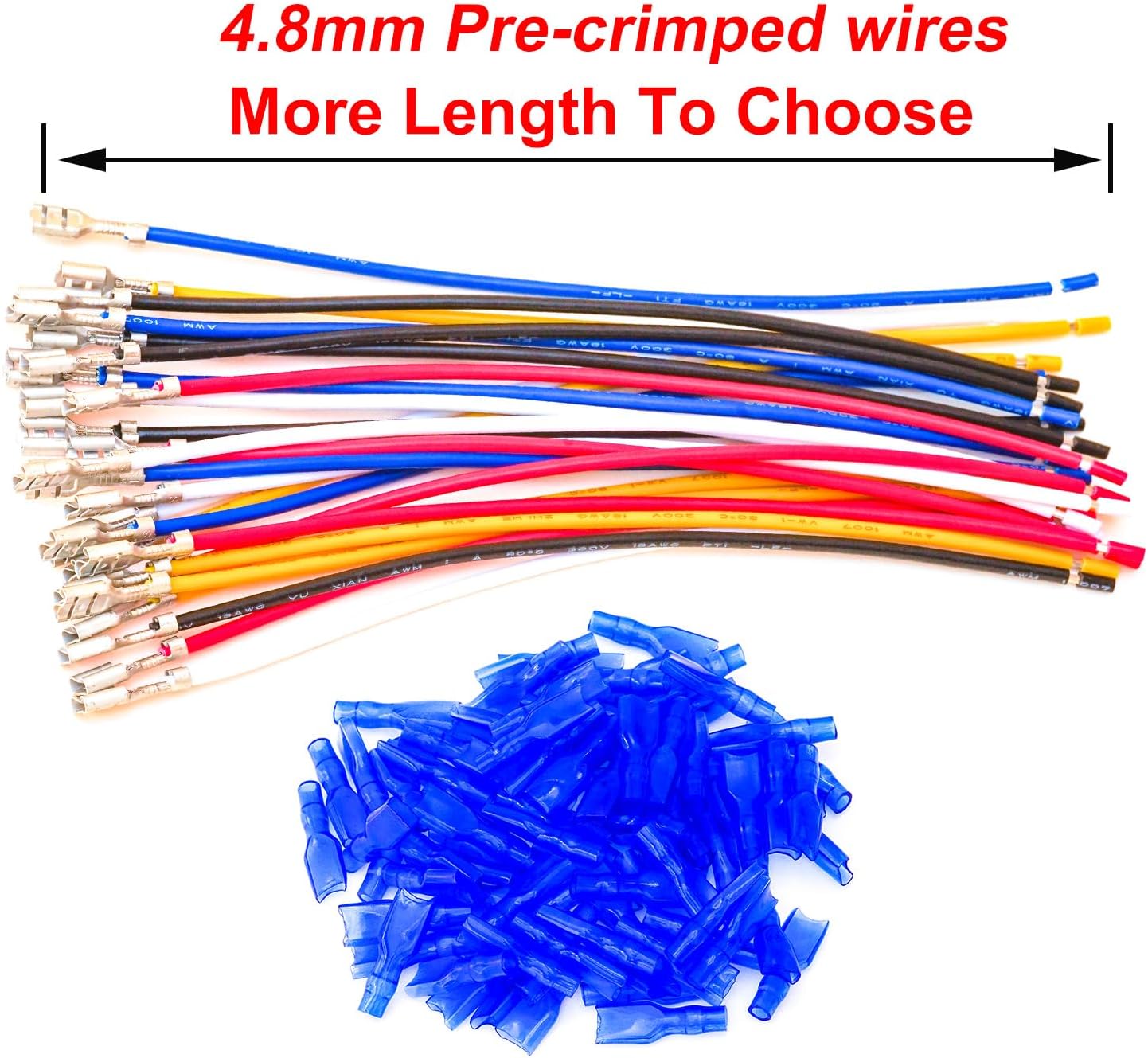 4.8MM Female Quick Disconnects Insulated Spade Receptacle Connector, 18AWG Red/Black/Yellow/White/Blue Pre-Crimped Cable Length of 10/30/50/100CM Wire Pack of 5pcs (Spade 4.8F-50CM)