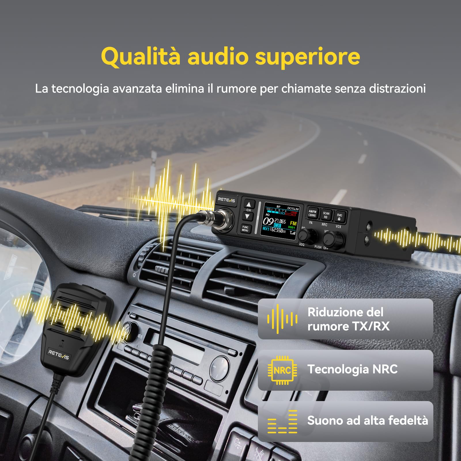 Retevis MB63B CB Radio e Antenna, NRC Cancellazione Del Rumore Radio CB Veicolare,12V/24V, AM/FM, TFT Colori, CTCSS/DCS, VOX, 40 Canali,EMG CH9/19 Radio CB Portatile per Team Fuoristrada (1 Pezzo) - 3