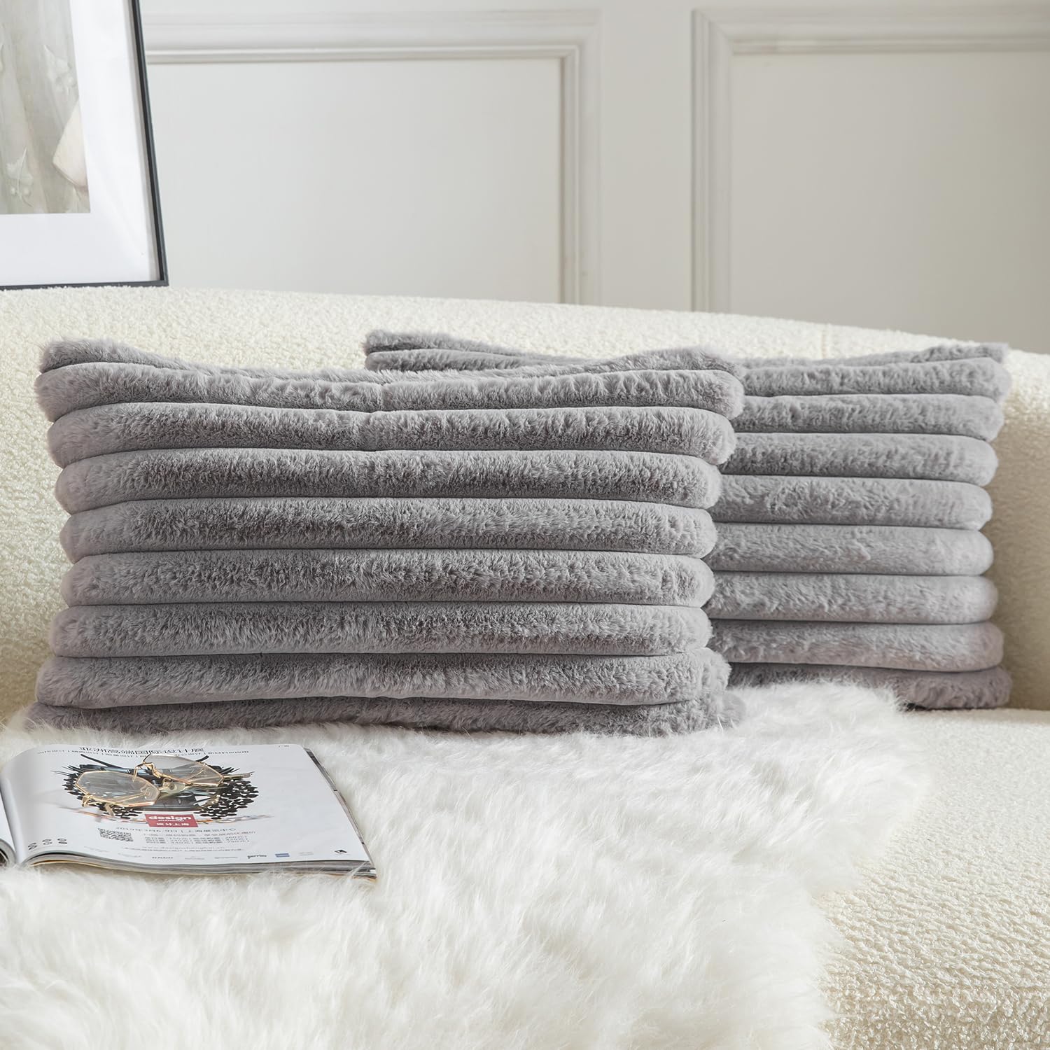 MANDIOO Pack of 2 Decorative Throw Pillow Covers Faux Fur Striped Plush Soft Cushion Covers Pillow Cases Bedroom Living Room Sofa Home 12x20 Inch Grey