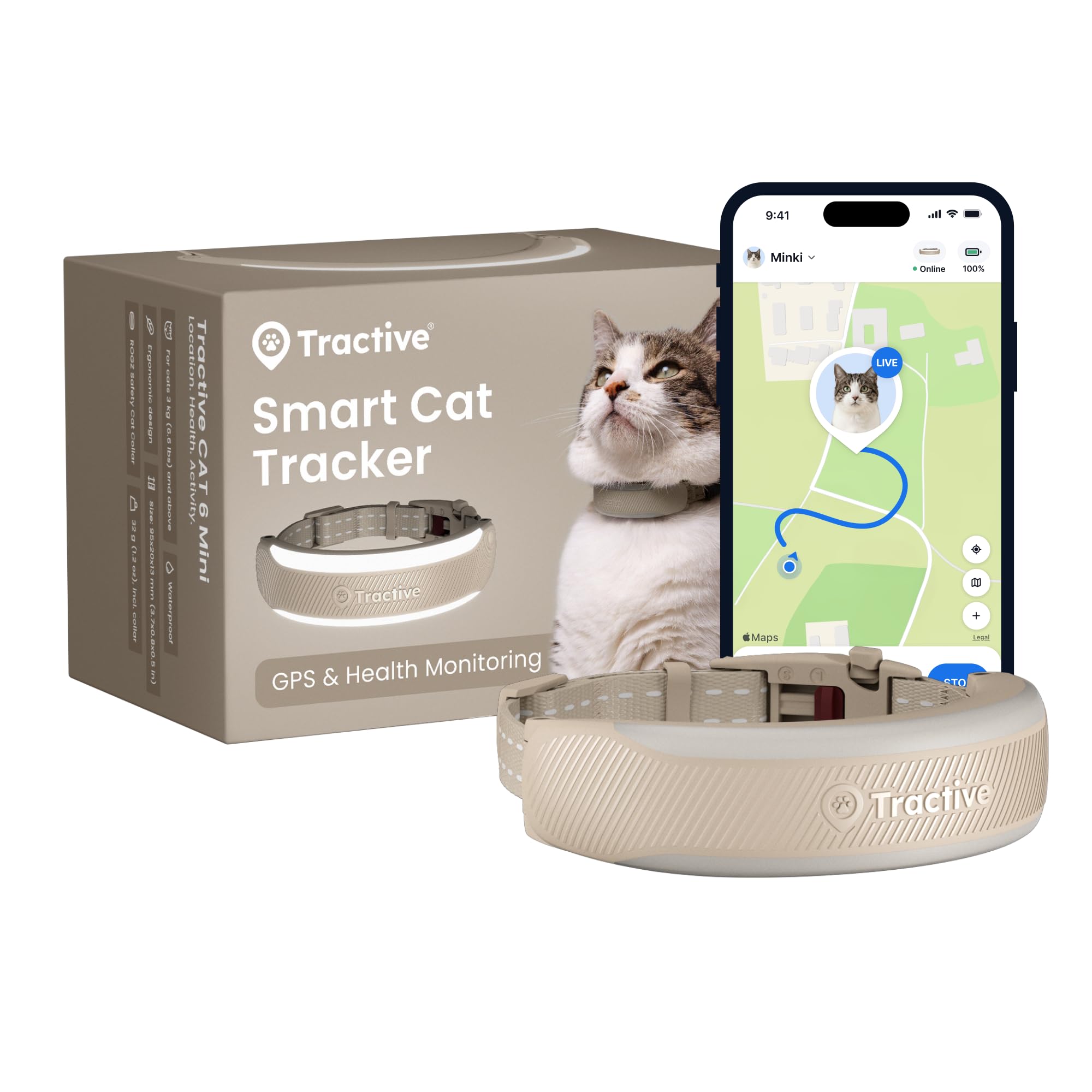 Tractive Smart Cat Tracker Mini | 2026 Edition | #1 Cat GPS | Real-Time Location Tracking | Health Alerts & Vitals Monitoring | Safety Breakaway Collar | Collar‑Integrated Design (Brown)