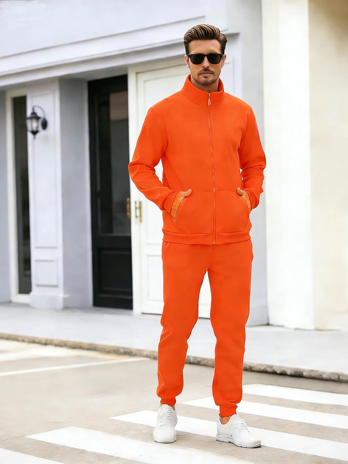TUVEKE Men's fleece Tracksuits Casual Zip up jacket Sweatsuit Mock Neck Sweatshirts Long Sleeves Pocket Sport Sweat suits
