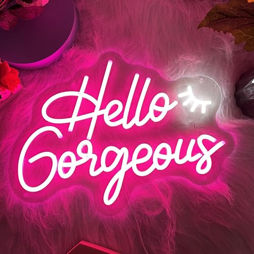 Brochao Letrero de neón LED con texto en inglés "Hello Gorgeous Neon", para pared, color rosa, para fiesta de cumpleaños, boda, compromiso,