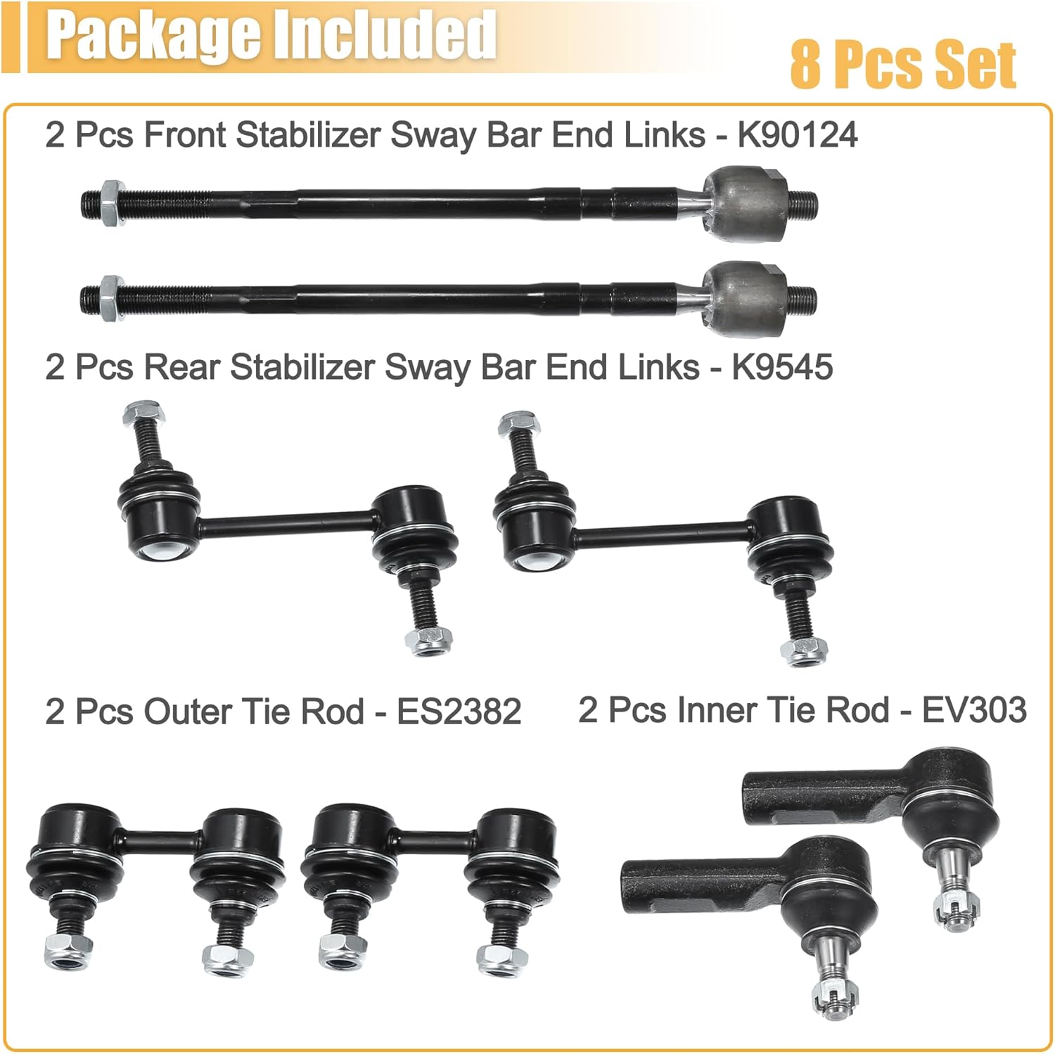 X AUTOHAUX 8 Pcs Front Rear Sway Bar Link Inner Outer Tie Rod Ends for Toyota Corolla 1993-2002 No.K9545/K90124/EV303/ES2382 Suspension Kit Stabilizer Bar Link Steering Tie Rod End