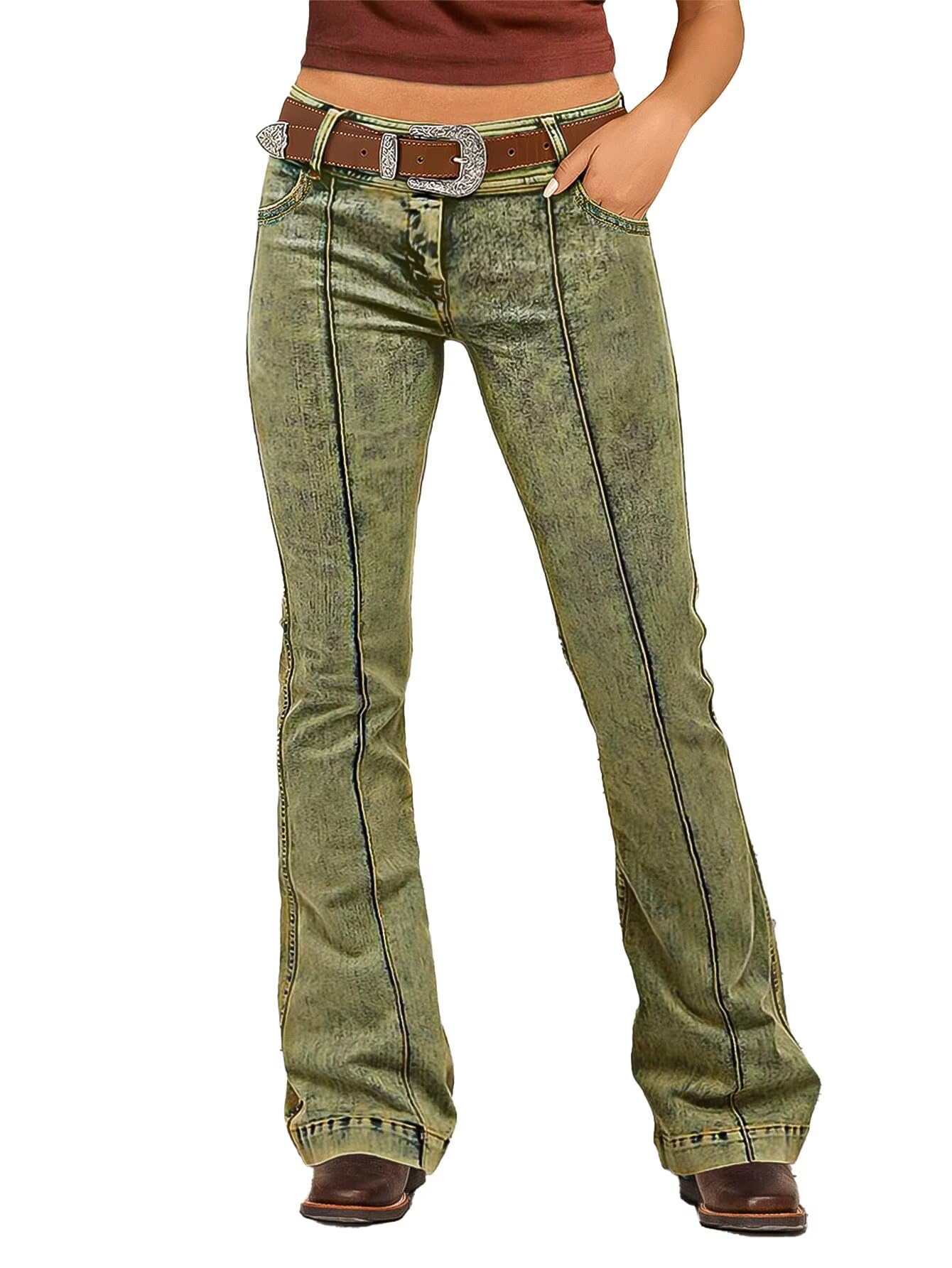 Flamingals Bootcut Mid Waist Stitch Detai Pants for Women Without Belt