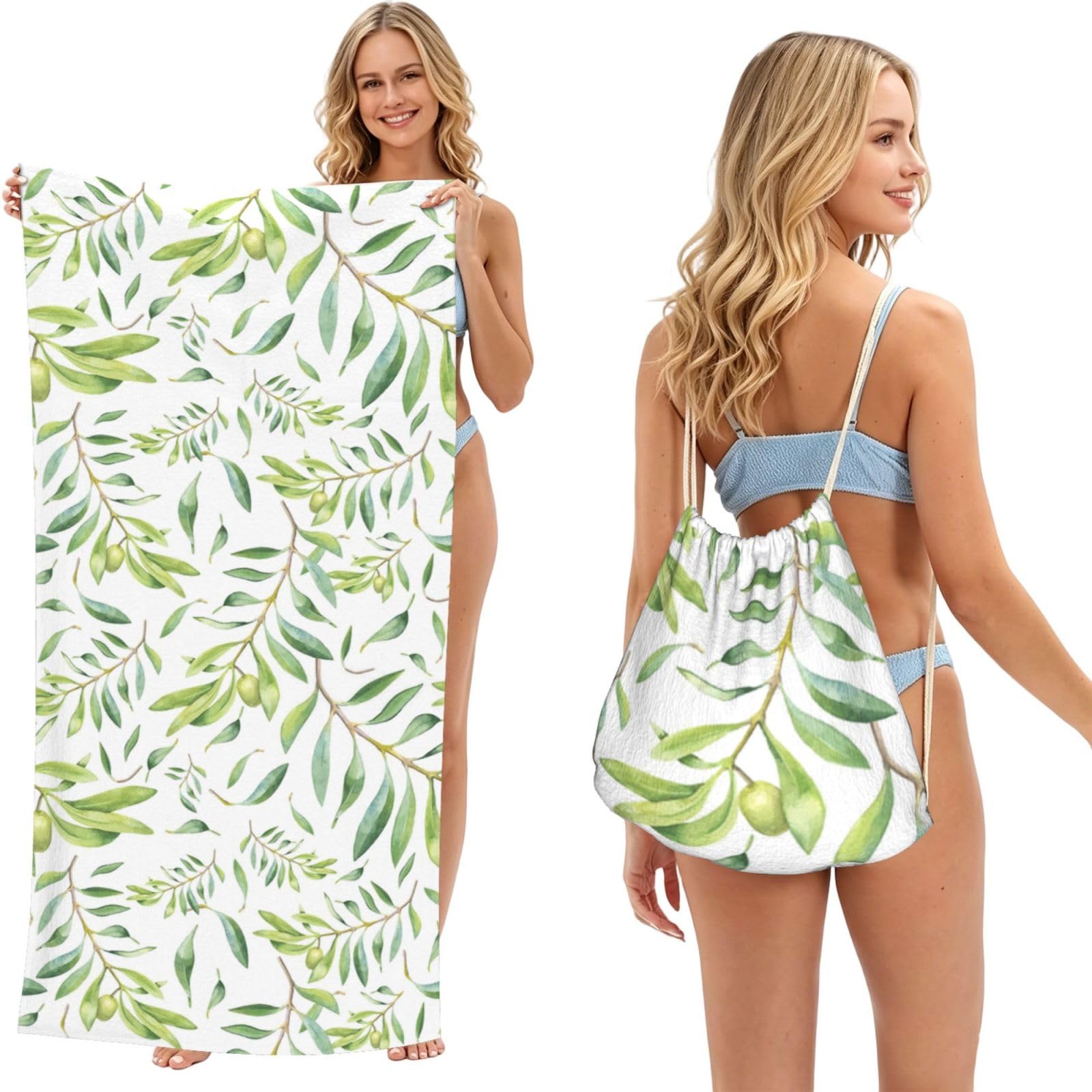 Poadnly As Picture Green Watercolor Olive Branch Pattern, 2 In 1 Packable Towel Bag, Beach Towels With Drawstring Backpack For Travel Holiday Camping