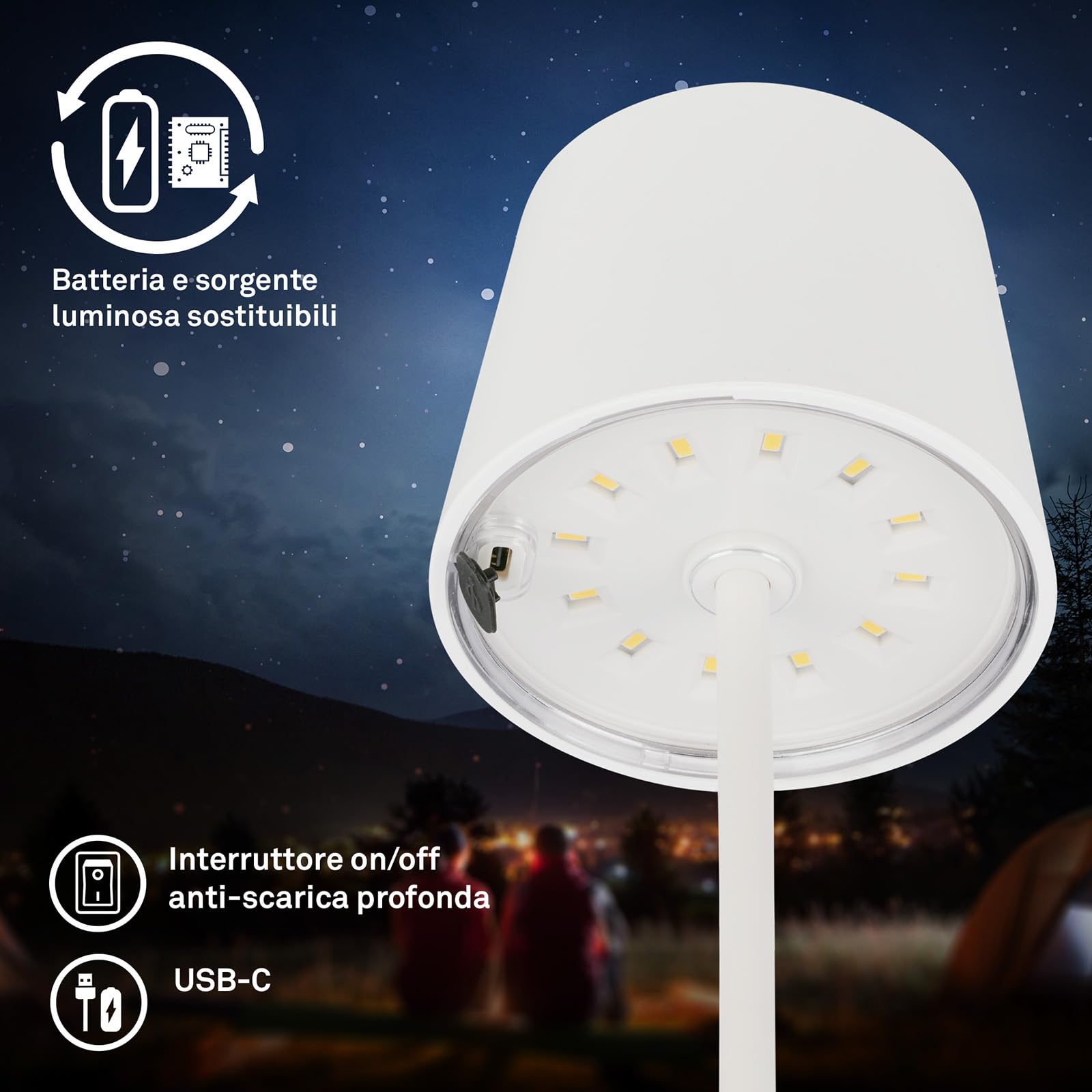 BRILONER - Lampada da tavolo a LED senza fili, lampada da comodino dimmerabile touch, lampada da scrivania, ricaricabile, a batteria, IP44, USB-C, luce bianca calda, 2,6W, 150lm, 105x260mm, bianco