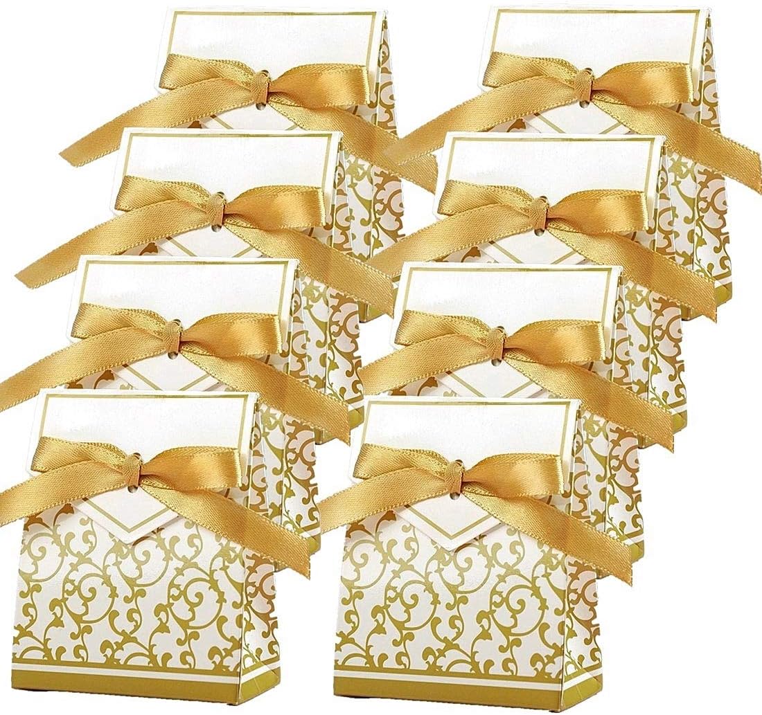 100 Pack Party Favor Boxes, Gold Decorative Boxes with Ribbons, for Small Party Gift, Chocolate, Wedding Cake Slices