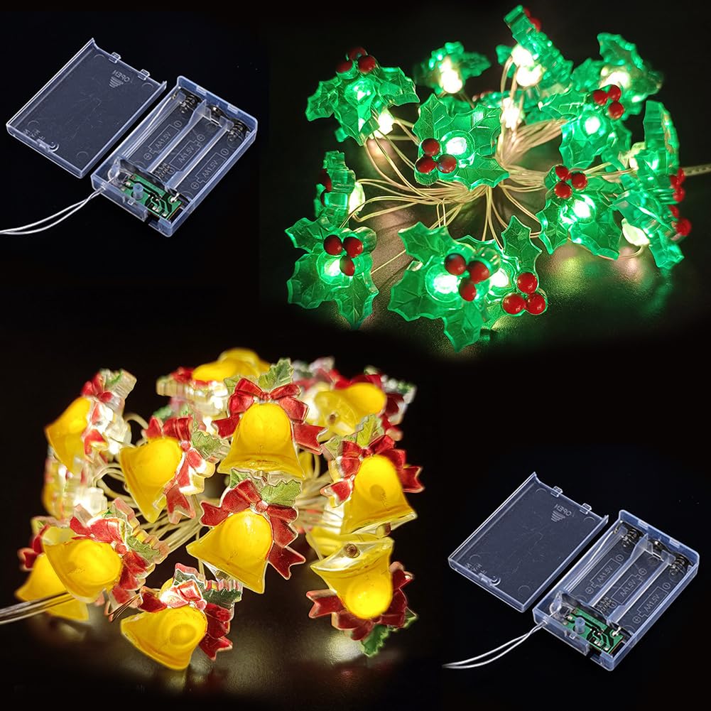 LKNBIF LED String Lights, Christmas Bells Xmas Berries String Lights 2pcs 2M 20 LED Fairy Light Battery Operated Christmas Decoration Lighting For Xmas Bedroom Party Garden Patio
