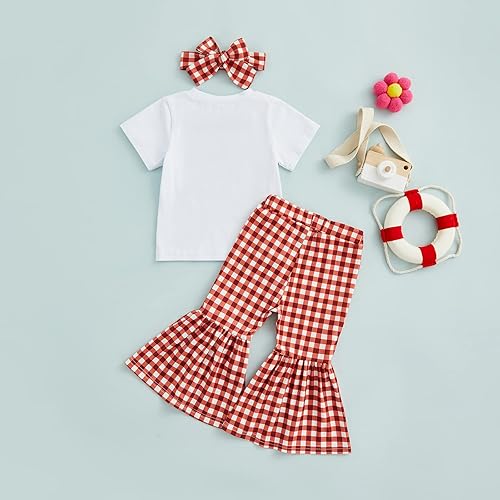 Miniatura 3 de Conjunto de 2 piezas para bebé niña pequeña, camiseta de manga corta con letras, pantalones acampanados, pantalones acampanados, ropa de festival