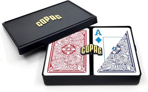 Copag Juego de cartas de juego 100% de plástico con diseño legado de 4 colores, tamaño de puente (estrecho) Jumbo Index rojo/azul doble mazo..