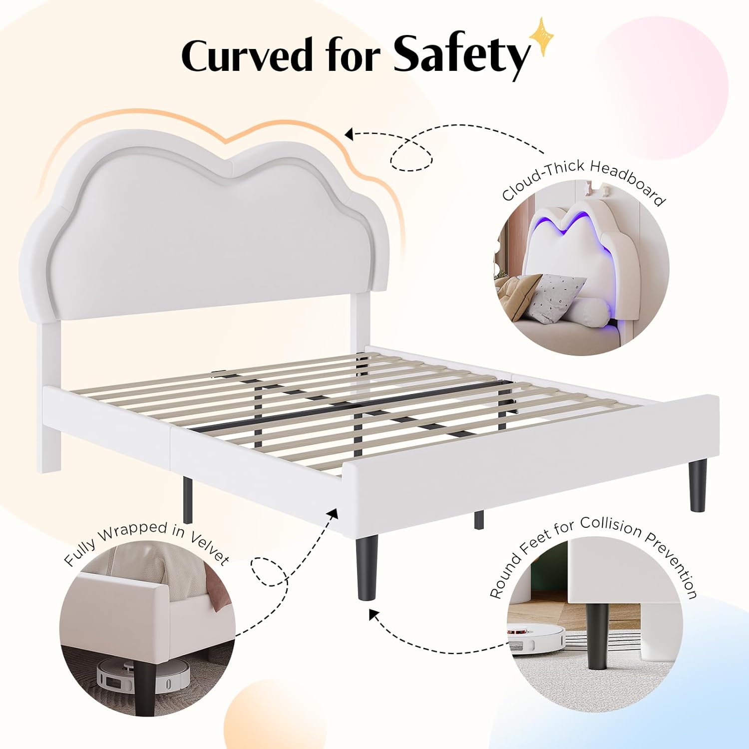 AMERLIFE Queen Size Upholstered LED Bed Frame, Princess Cloud Platform Bed for Kids/Girls with Adjustable Velvet Headboard, Wood Slats Support, No Box Spring Needed, Noise-Free, Cream | Cloud Shape Design, Velvet Upholstery, Height Adjustable, 7.1" Under Clearance, Sturdy Metal Frame