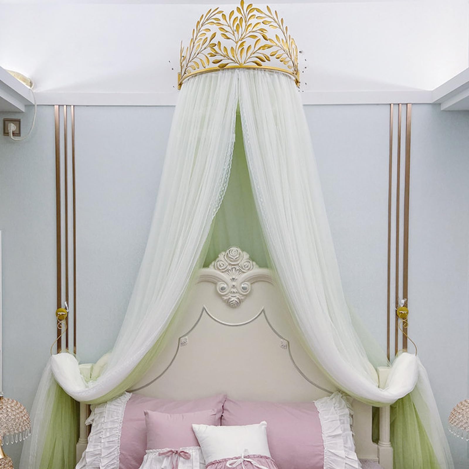 SDCGB Princess Bed Canopy for Girls & Adults, Elegant Double Layer Bed Curtain Princess Crown Mosquito Netting for Room Décor, Green