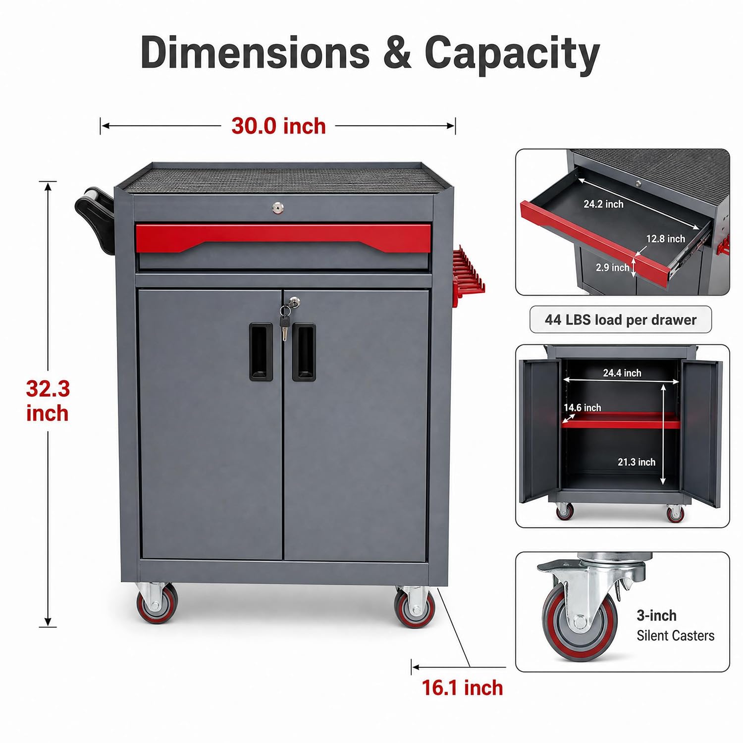 Rolling Tool Cart, 0.8mm Galvanized Steel, 3 inch Silent Casters