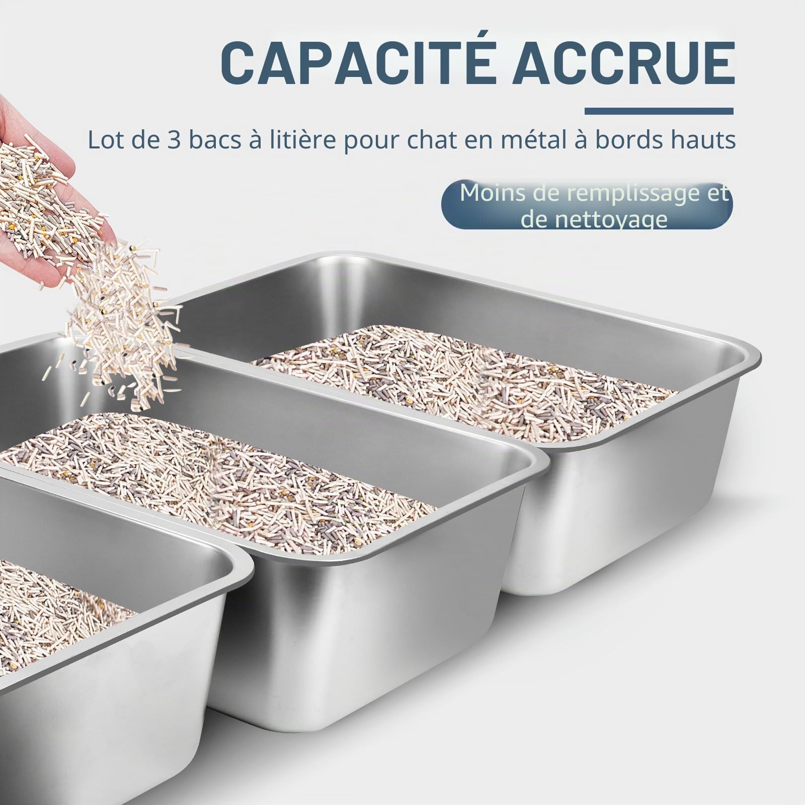Bac à litière pour Chats en Acier Inoxydable, Lot de 3, 60 x 40 x 20 cm, bac à litière Extra Large en Acier Inoxydable, étanche, antiadhésif et inodore