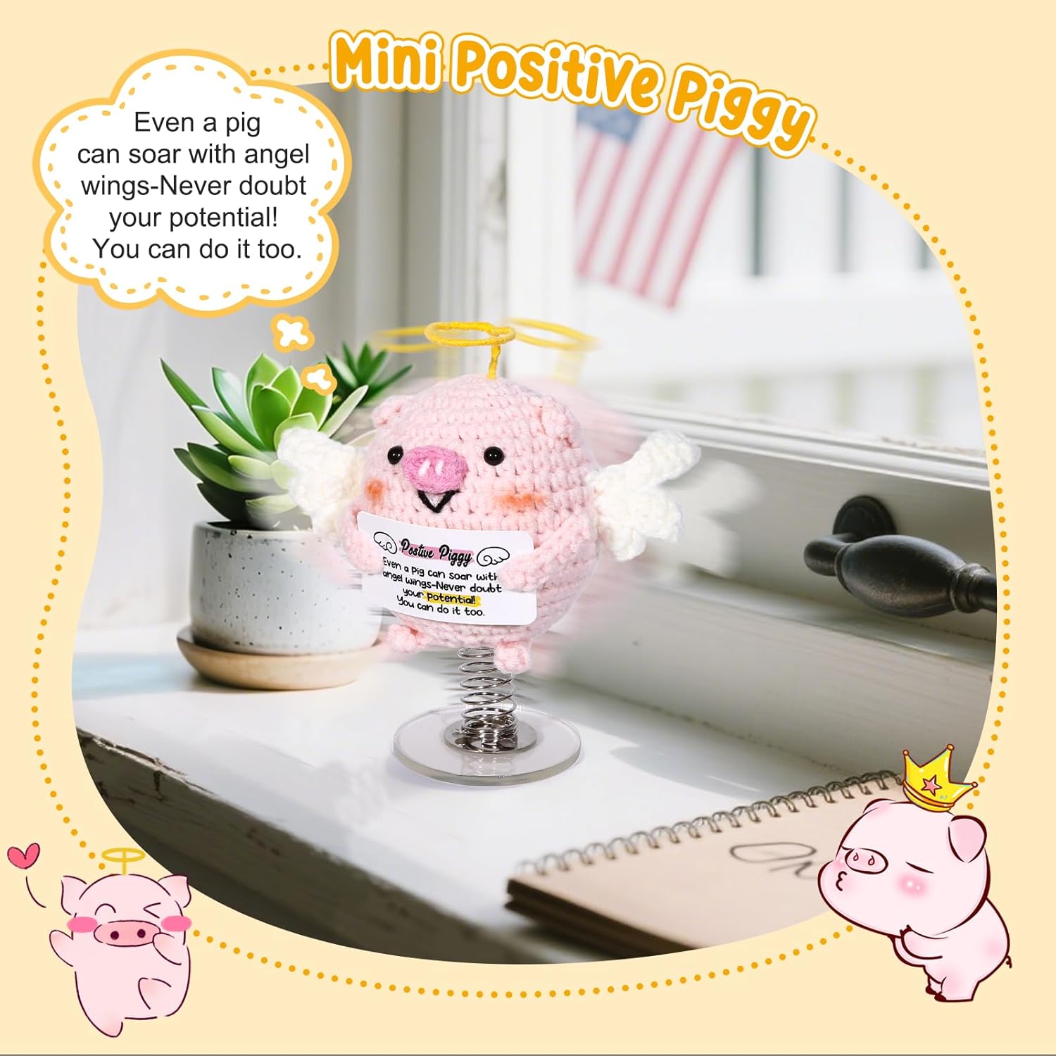 Desk Ornament Positive Crochet Animals Pig,Emotional Support Pig,Inspirational Pig,Positive Birthday Gifts for Women Men Friends Family Yourself Living Room Ornament - Image 4