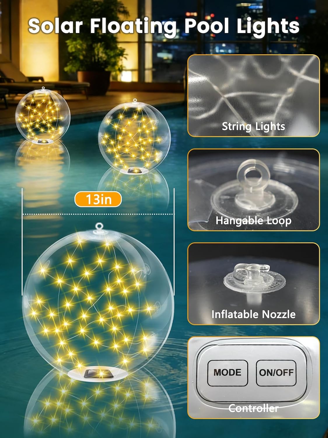 2026 New 2 Pack Floating Pool Lights, Warm White Solar Powered Pool Lights That Float with 8 Modes, IP68 Waterproof Light Up Solar Inflatable LED Balls for Pools Outdoor Party Wedding Yard Decorations