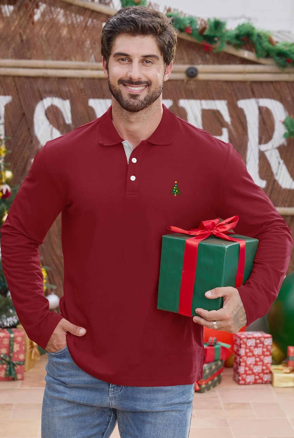 Arvilhill Men's Christmas Polo Shirt Embroidered Pique Long Sleeve Business Casual Wear (M-XXL) - Image 2