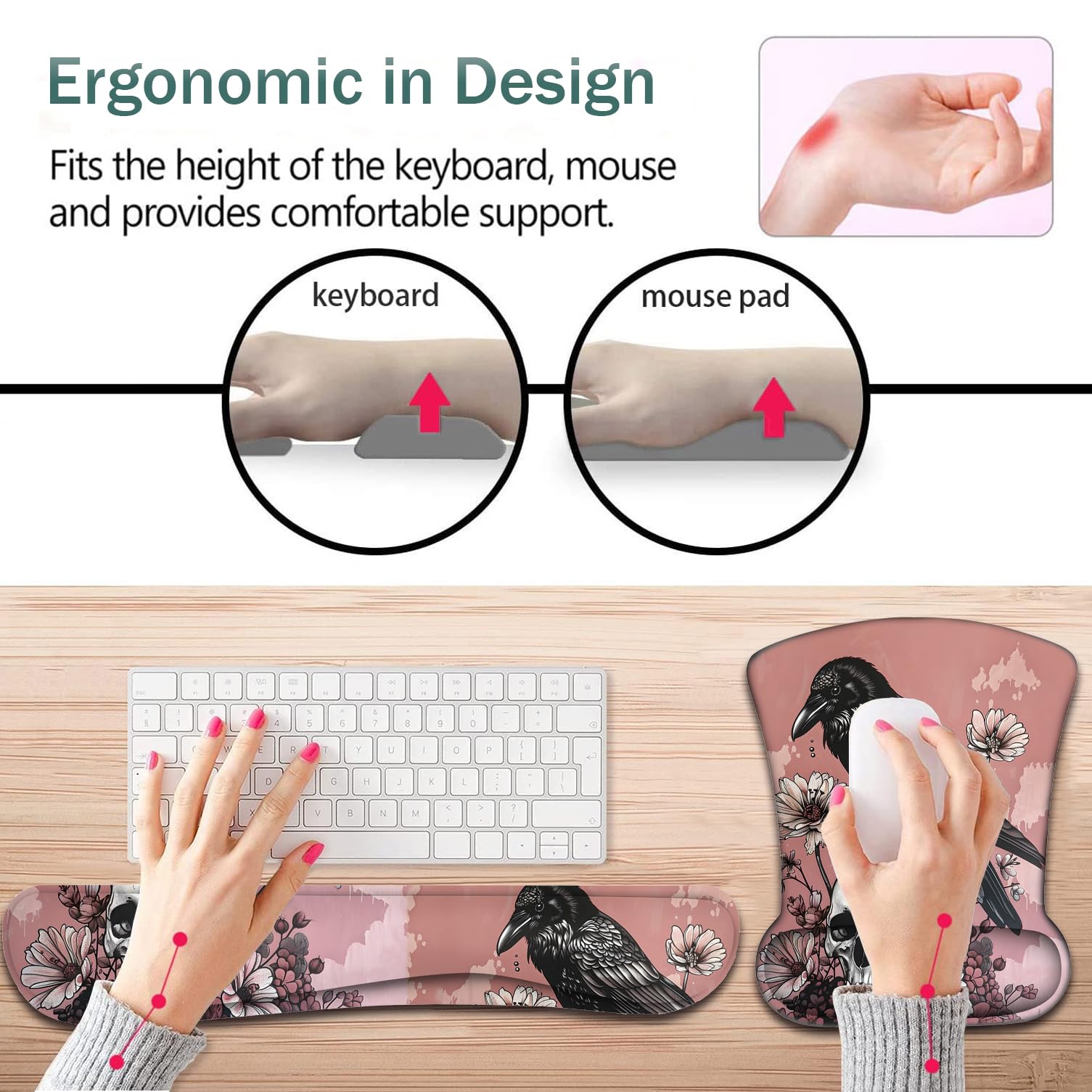Soporte de muñeca para teclado + alfombrilla de mouse + combinación de posavasos, base de poliuretano antideslizante, con alfombrilla de mouse de memoria de gel, adecuado para juegos, juego de
