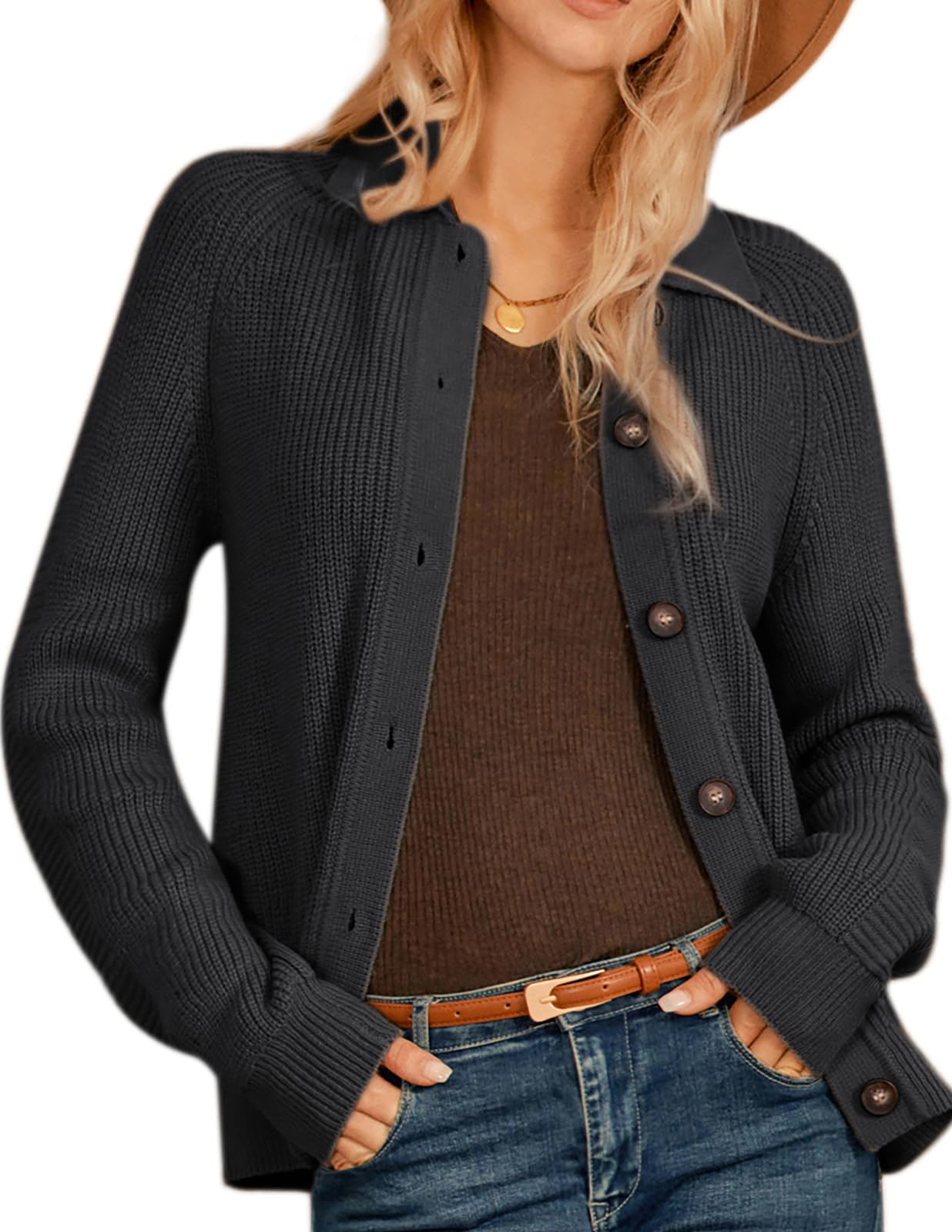 GRACE KARIN Button Up Cardigan Sweater for Women Knit Sweater Blazer Long Sleeve Collared Sweater