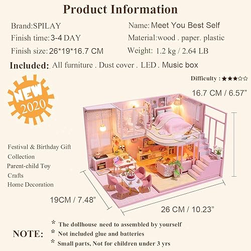 Miniatura 4 de Spilay Casa de muñecas en miniatura con muebles de madera, hecha a mano, modelo de princesa rosa, mini kit de manualidades para el hogar con