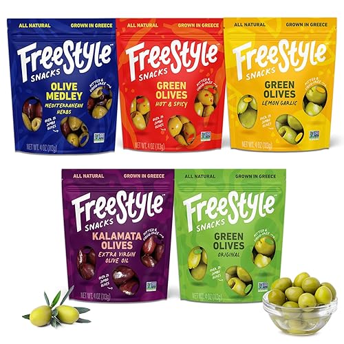 Miniatura 9 de Freestyle Snacks Paquetes de aperitivos de aceituna  Aceitunas verdes frescas sin hueso, 3 sabores, tamaño gigante, cultivadas en Grecia, aperitivo