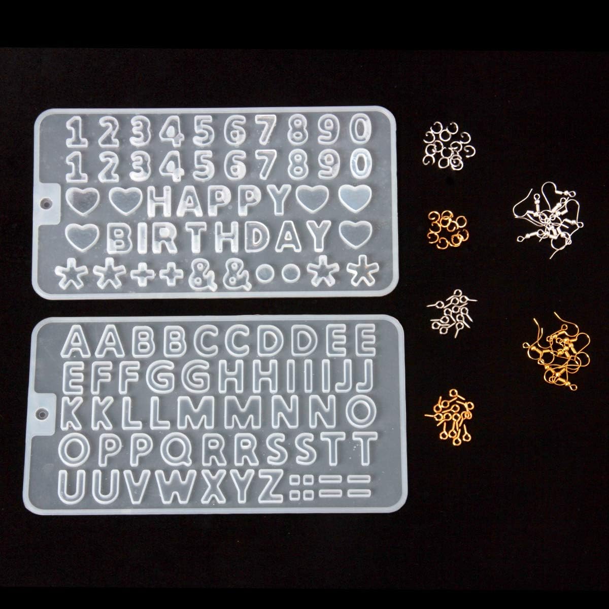 yalansmaiP 2 Pack Small DIY Silicone Resin Molds for Letters, Number Alphabet Casting Mold, Reusable Epoxy Molds for Jewelry Keychain Making with 200 Eye Pins/200 Jump Rings/200 Earring Hooks