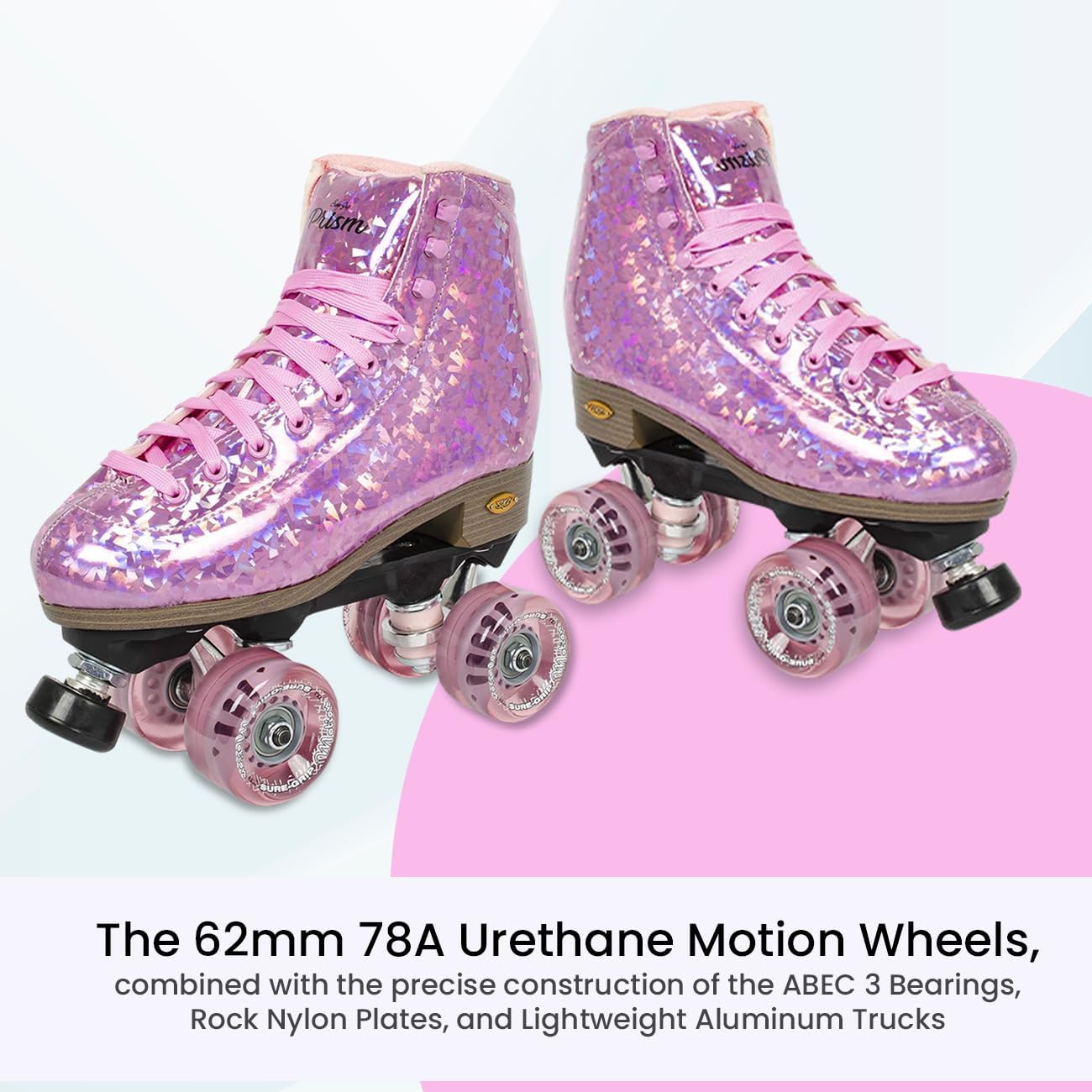 Sure-Grip Prism Plus Unisex Roller Skates | 62mm 78A Urethane Motion Wheels | Constructed with ABEC 3 Bearings, Rock Nylon Plates & Lightweight Aluminum Trucks - Glitter Color (Indoor and Outdoor)