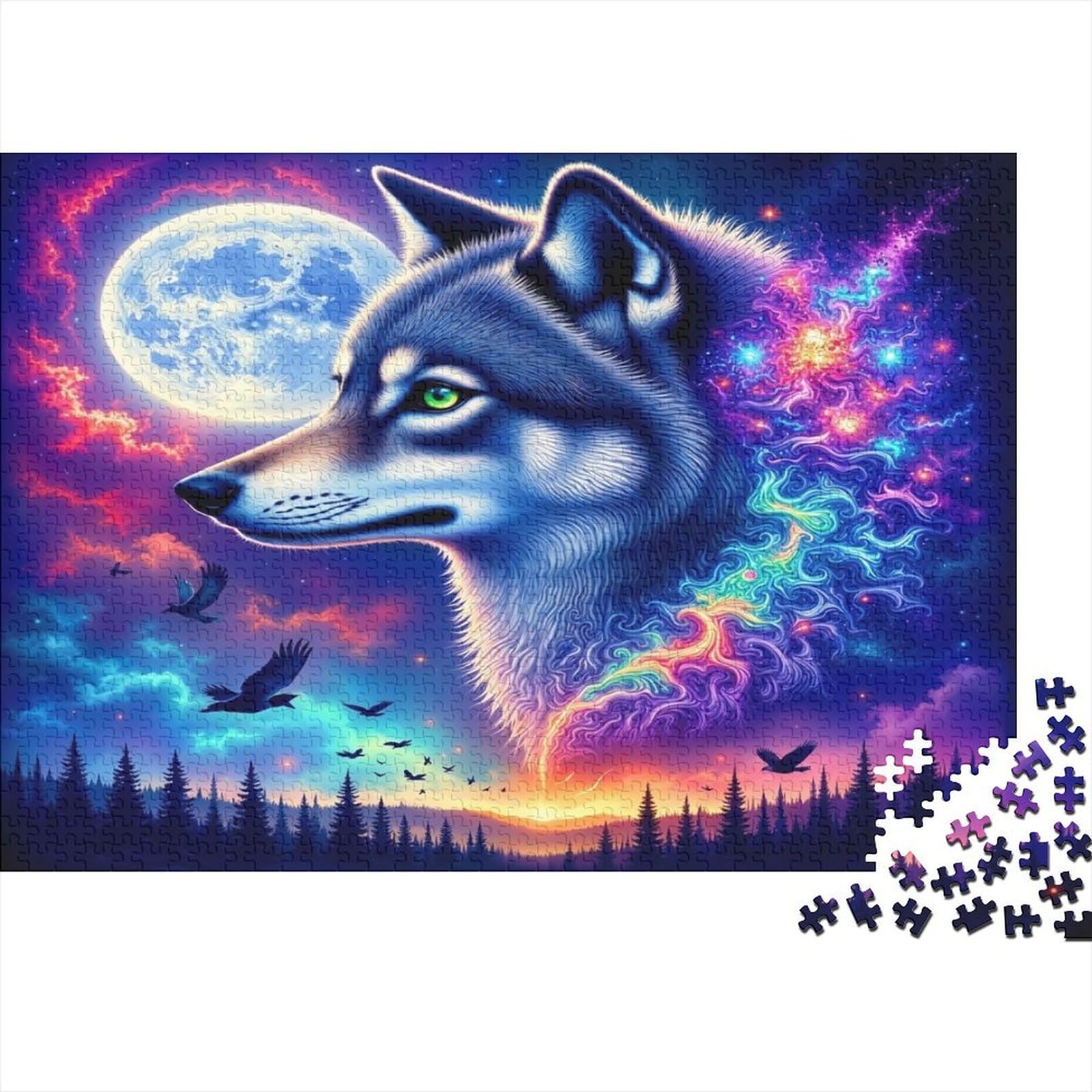 Wolf Under Moon 1000 Pieces Puzzle Jigsaw Eco-Friendly Material Recycled Cardboard Challenging Decorative Wolf Cosmic Head for Leisure Activity 52x38cm/1000pcs — image 1