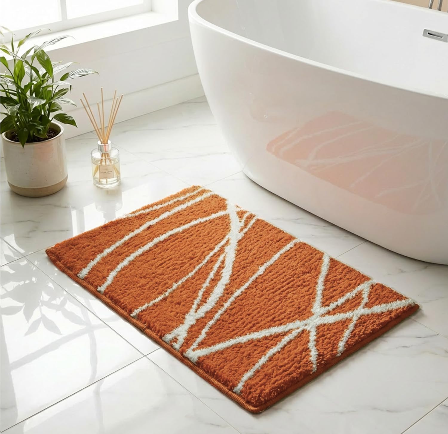 Tititex Luxury Orange White Curve Line Bathroom Rug, 20x32 inch Classic Extra Soft and Absorbent Microfiber Bath Rugs, Non-Slip Plush Shaggy Bath Carpet, Bath Mats for Floor, Tub and Shower