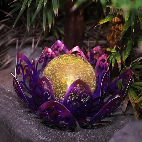 Miniatura 5 de Luces solares de jardín para exteriores, lámpara solar de loto impermeable, globo de cristal agrietado de metal, luz LED de decoración de flor de